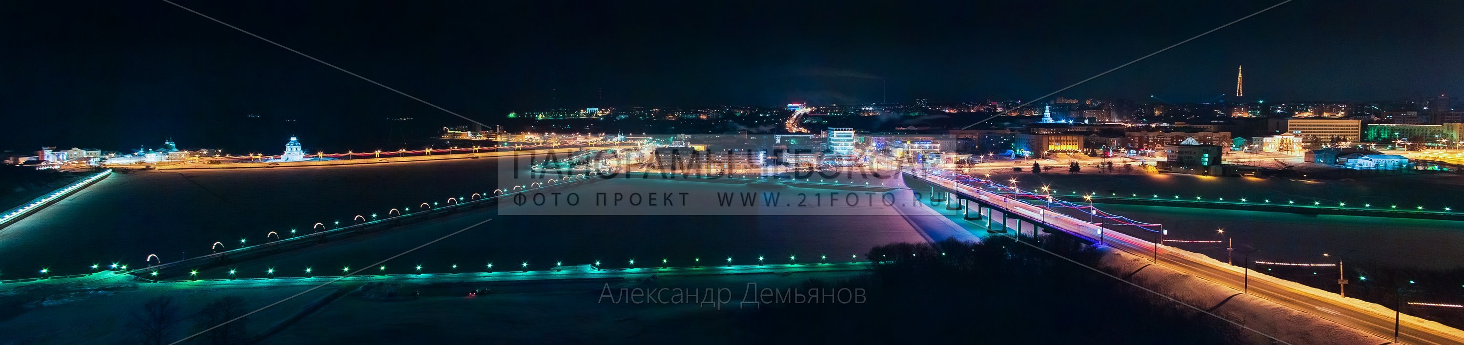 Фото-панорама Чебоксарского ночного залива зимой, вид на московский мост, дом мод и дорогу к храму